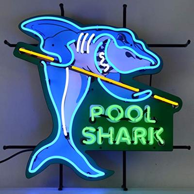 Pool Shark Neon Sign with Backing by Neonetics, Green, Yellow, White and Blue Hand Blown Real Glass