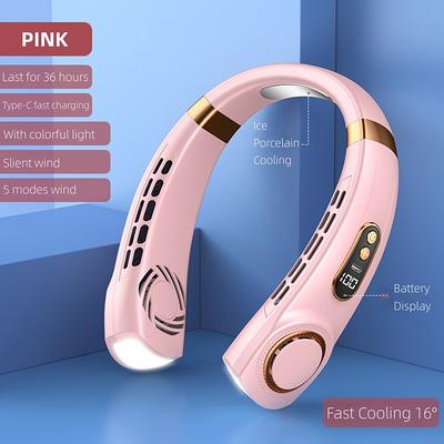 Portable Hanging Neck Fan with Colorful Light USB Charging 5 Gears Brush Motor Leafless Hanging Neck Fan Rechargeable Mute Refrigeration Air Conditioning Outdoor Cooling Fan