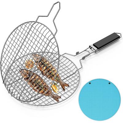 Round Portable BBQ Grill Basket, Stainless Steel Fish Grill Rack with Removable Secure Locking Handle, Grill Accessories for Outdoor Grill Vegetables Fishes Shrimp